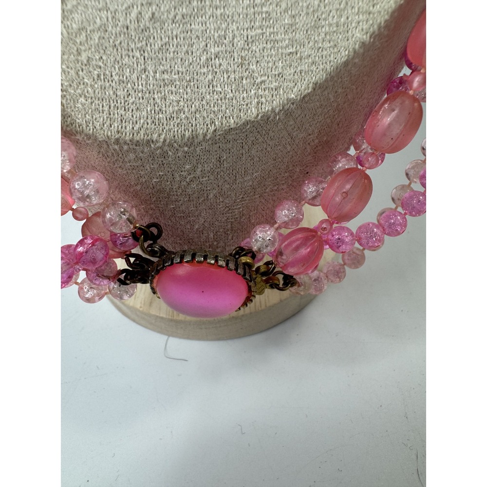 Vintage Pink Multi Strand Beaded Necklace Cabochon Clasp Statement Jewelry - Picture 2 of 4